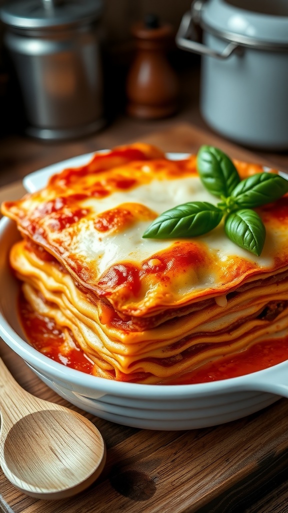 Classic Italian lasagna with layers of noodles, meat sauce, béchamel, and melted cheese, garnished with basil.